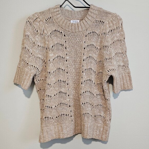 Women’s Time and Tru Beige w/ Silver Metallic Short Sleeve Sweater Top, Medium - Picture 1 of 7